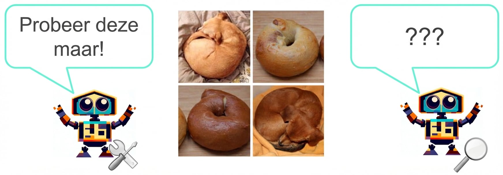 Een cartoon-generatief model daagt een discriminatief model uit met foto's van puppy's die op bagels lijken