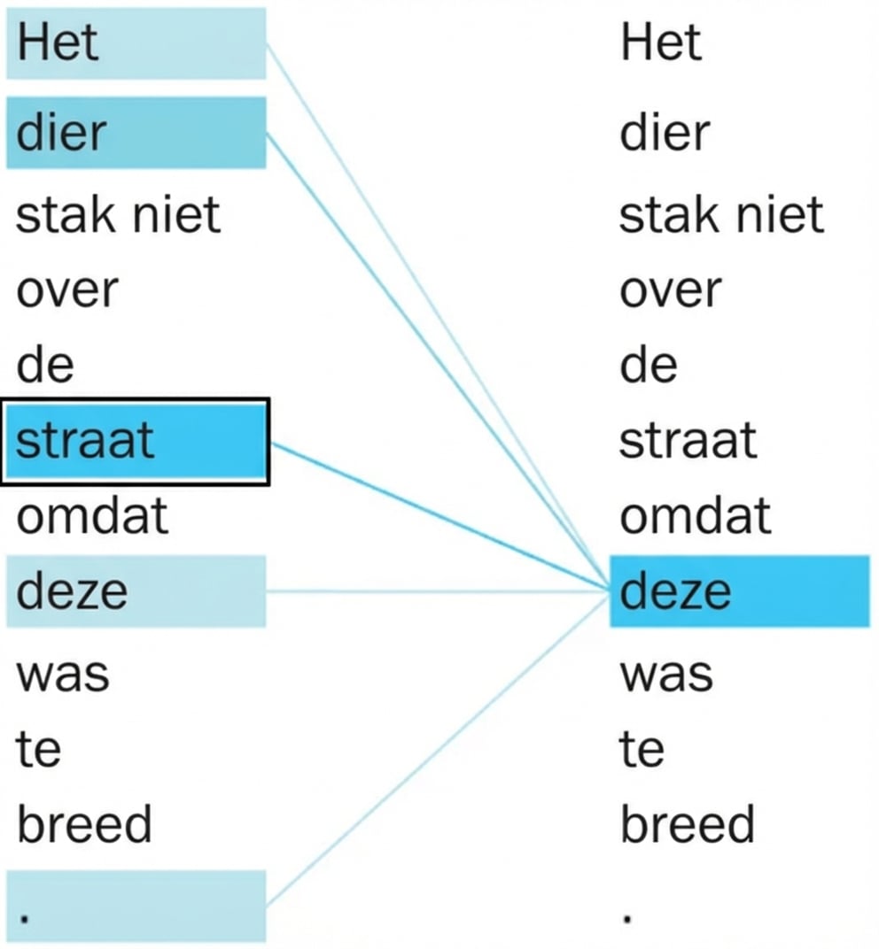 De zin: "The animal didn't cross the street because it was too wide." De woorden 'it' en 'street' zijn gemarkeerd.