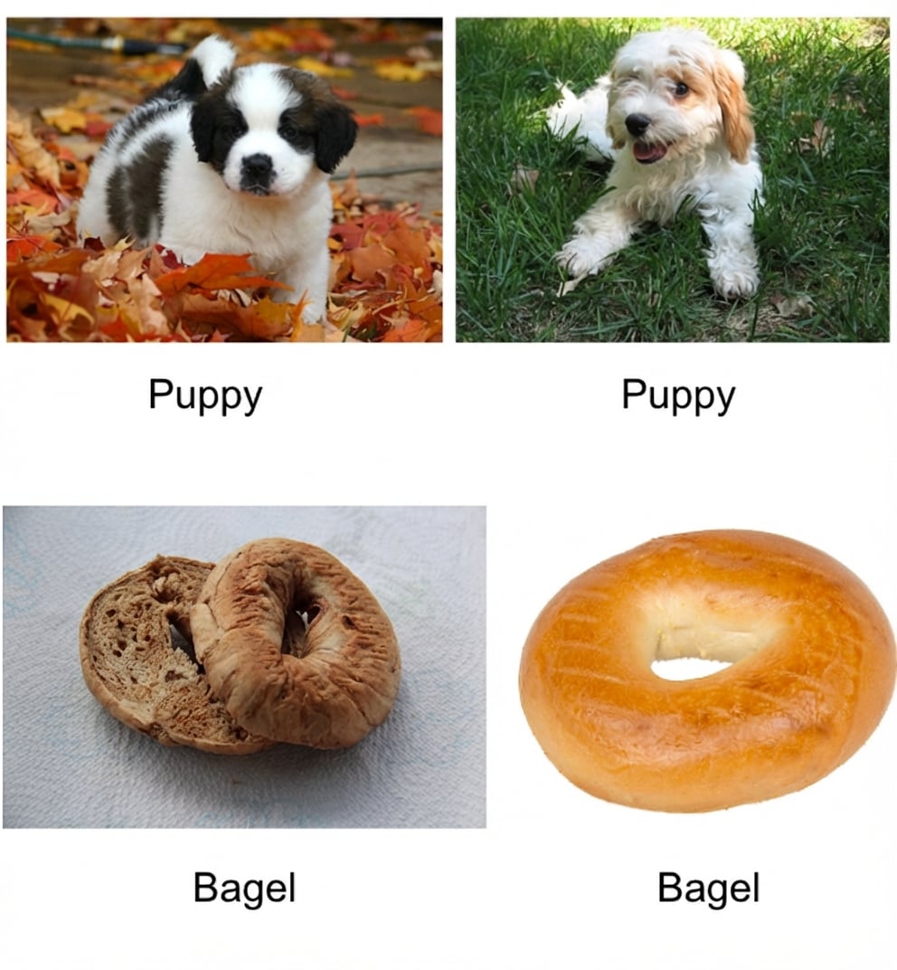 Vier gelabelde afbeeldingen: twee puppy's en twee bagels