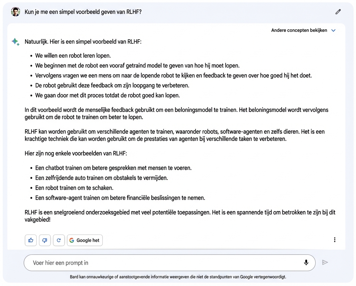 Afbeelding van de Google Bard-chatinterface met de opties duim omhoog en duim omlaag gemarkeerd