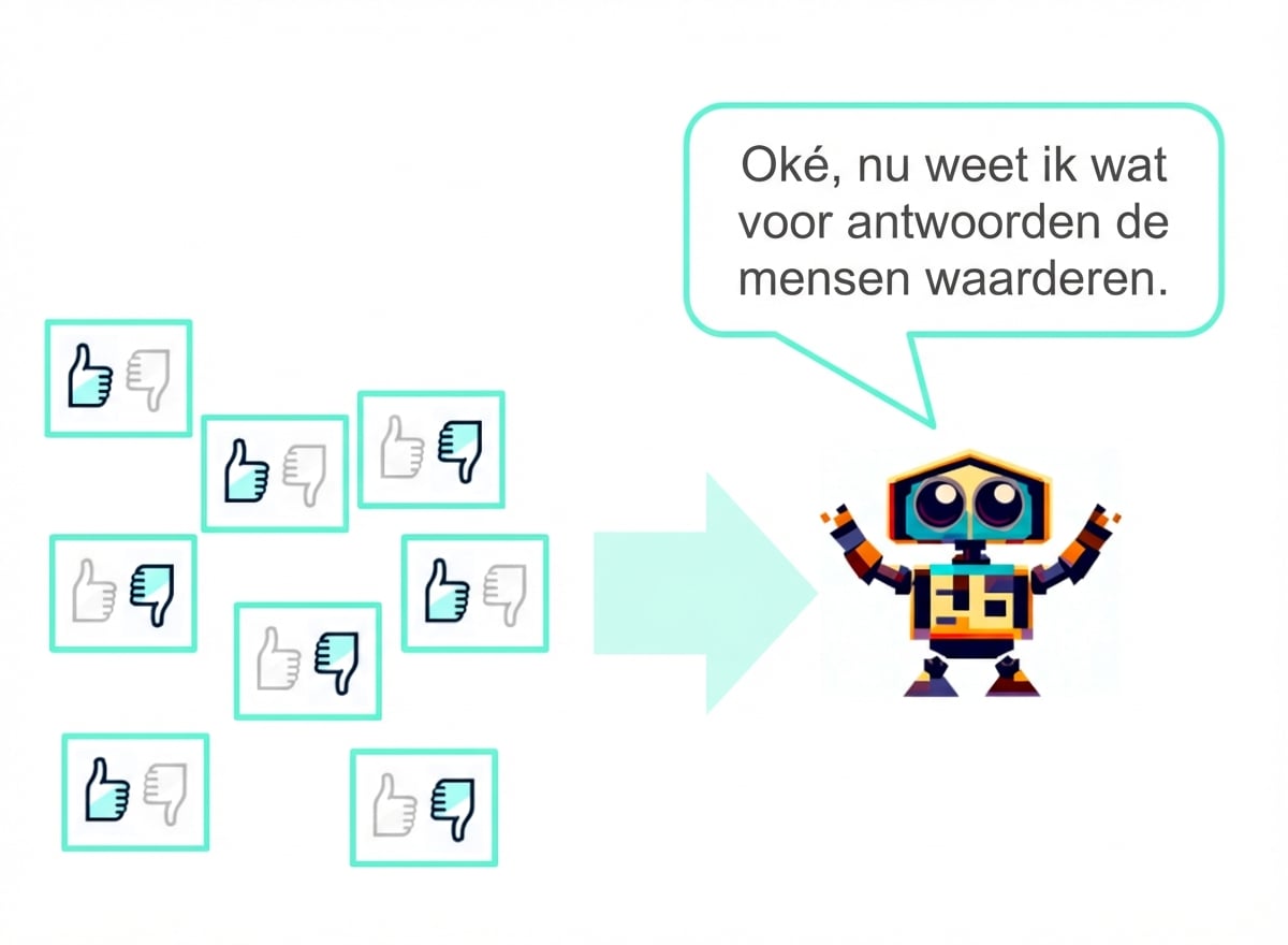 Verschillende tekstantwoorden beoordeeld met duim omhoog of omlaag worden naar een robot gestuurd die zegt: "Oké, nu weet ik welke antwoorden mensen fijn vinden"