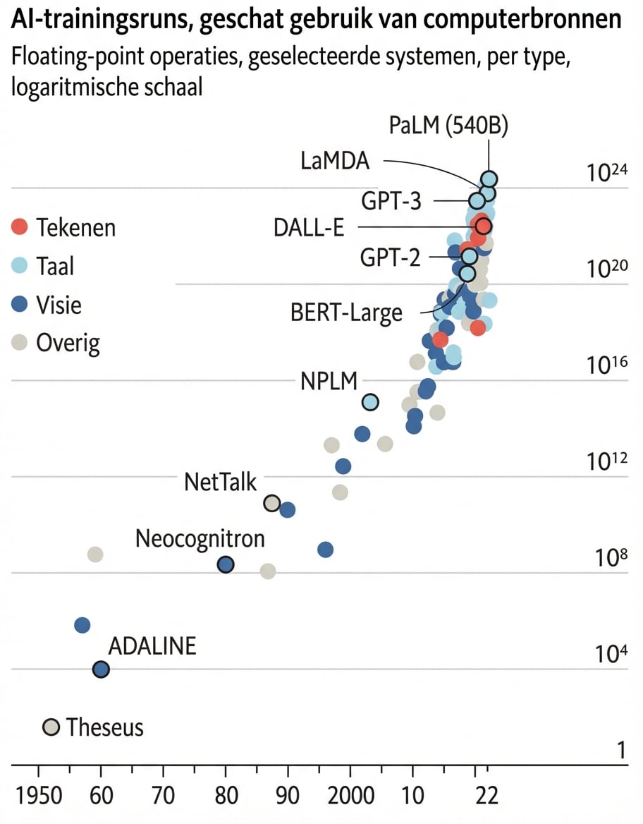 Een grafiek met exponentiële groei van de rekenkracht voor AI-training: van minder dan 10^4 floating point-bewerkingen in 1950 tot 10^24 in 2022.