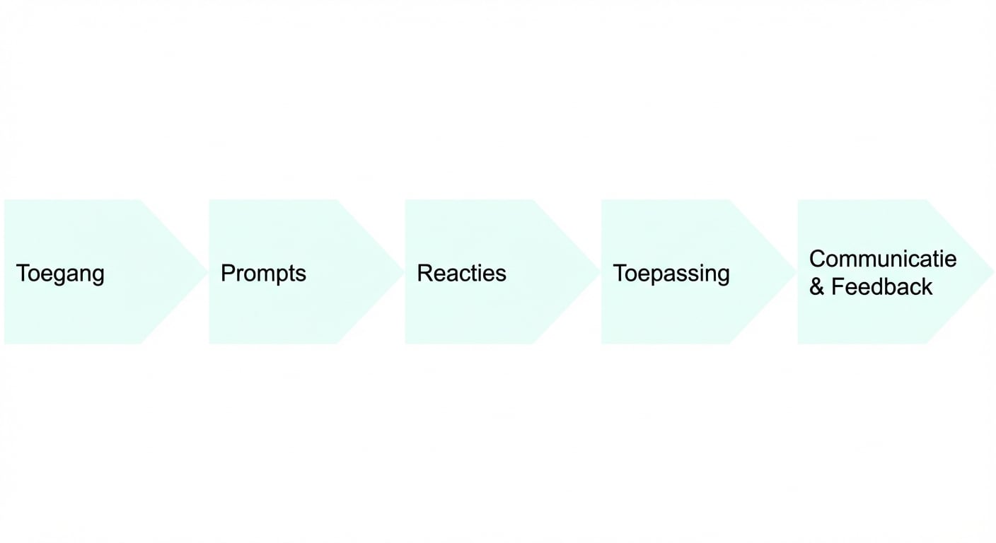 Een stroomdiagram met punten in AI-gebruik: toegang, prompts, antwoorden, toepassing en communicatie en feedback.