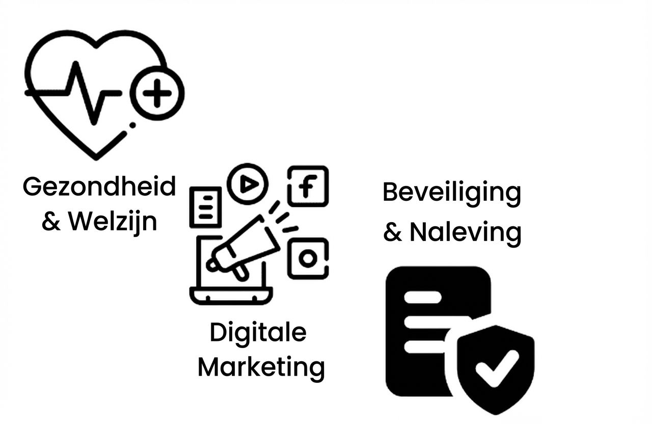 Pictogrammen die de sectoren gezondheidszorg, media en verzekeringen voorstellen.