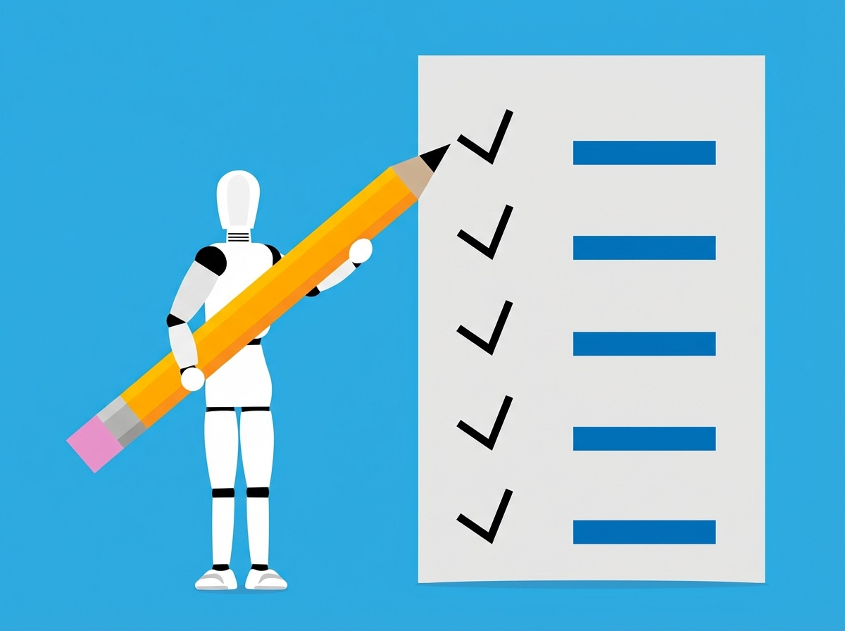 Een afbeelding van een robot die naast een checklist staat.