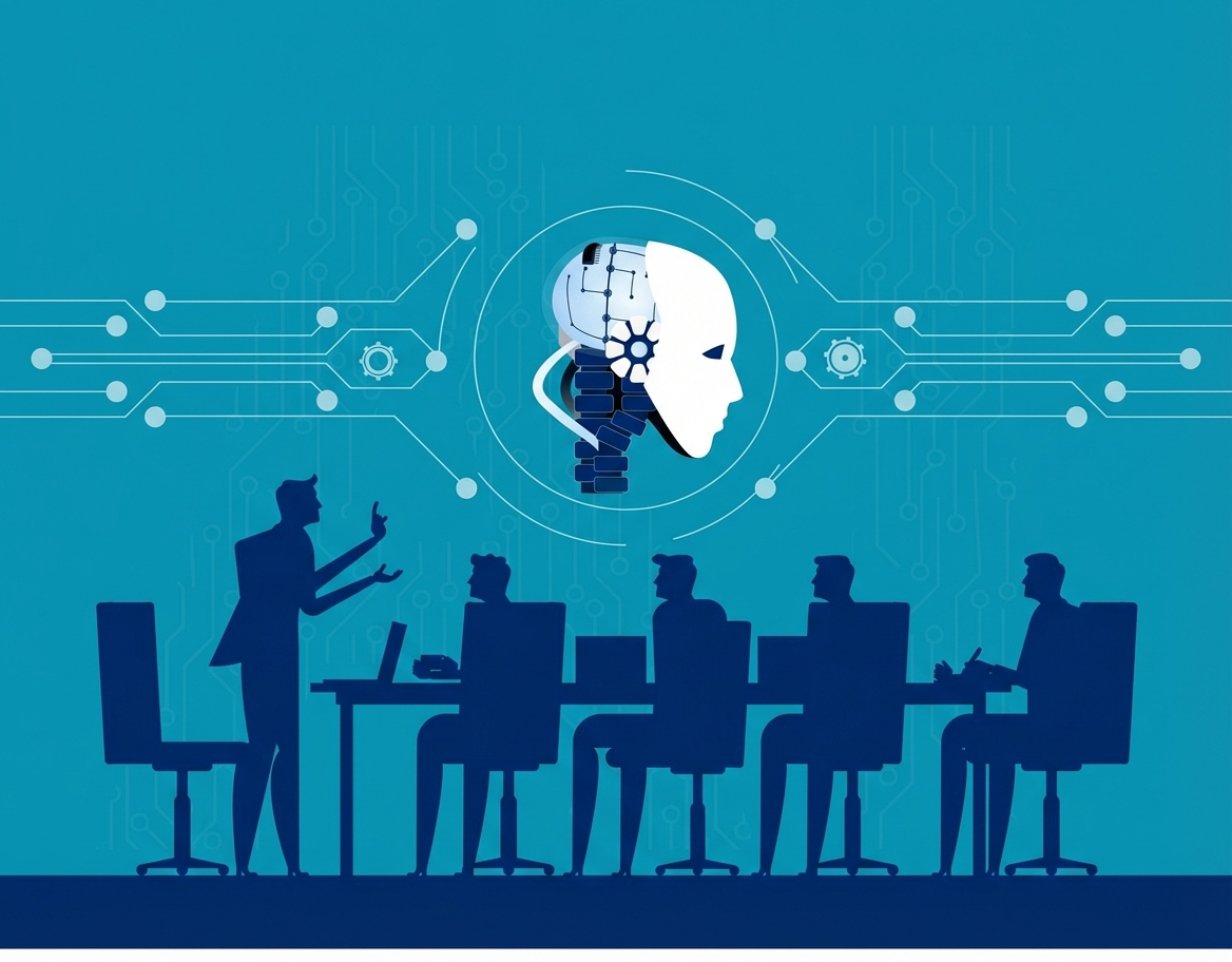 Een afbeelding van mensen die tijdens een vergadering hun zorgen uiten over AI.