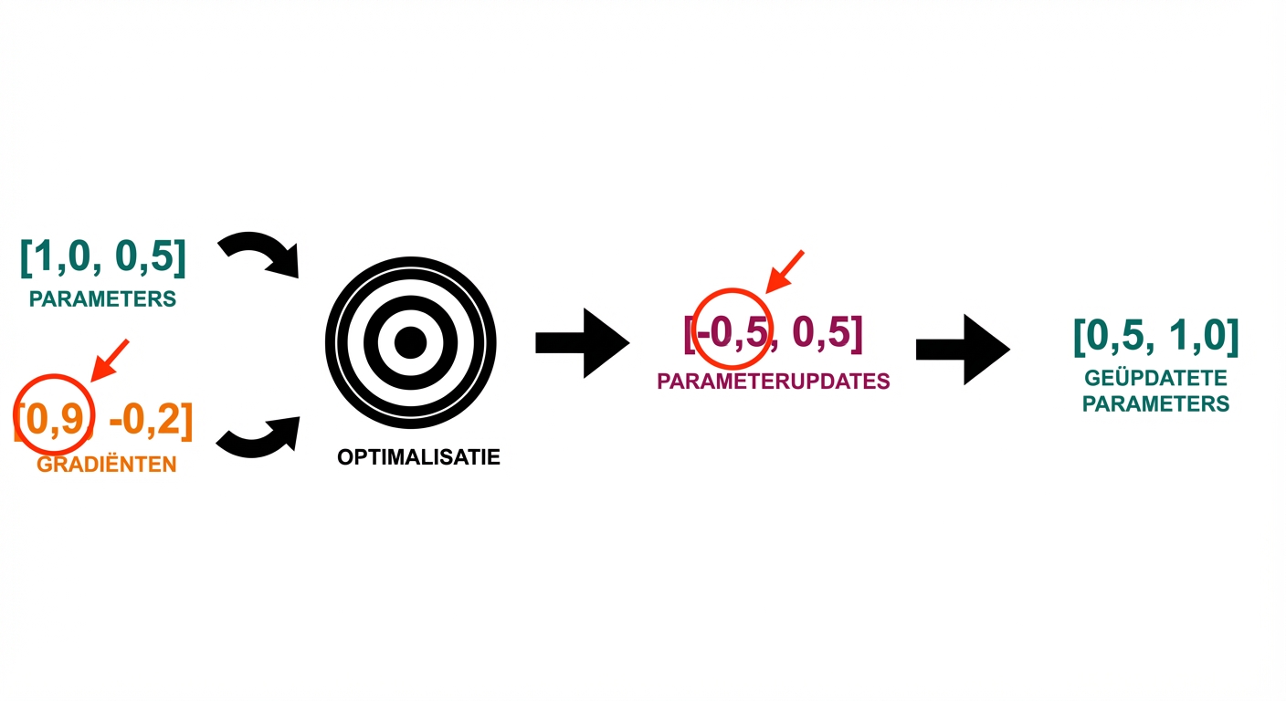 Pijlen van parameterupdates wijzen naar de bijgewerkte waarden van de parameters: 0,5 en 1,0