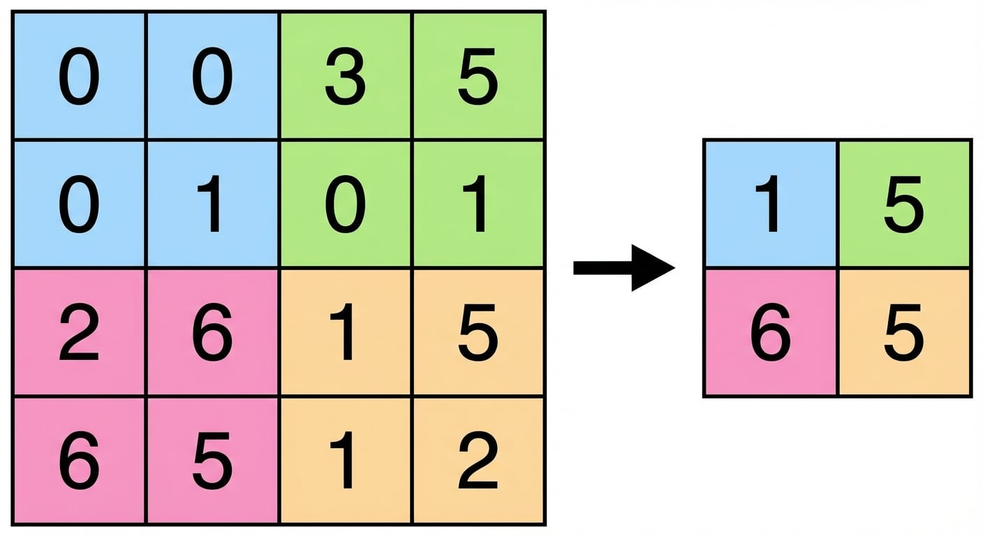 Een 4 bij 4-matrix waarvan elk 2 bij 2-kwadrant een andere kleur heeft wordt na max-pooling een 2 bij 2-matrix.