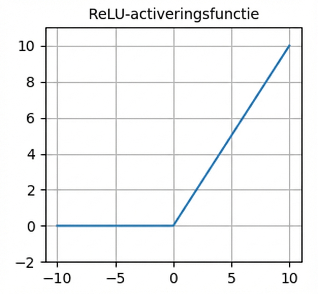 Een grafiek van de ReLU-functie. Onder nul is de lijn horizontaal op nul; boven nul heeft de lijn een positieve helling.