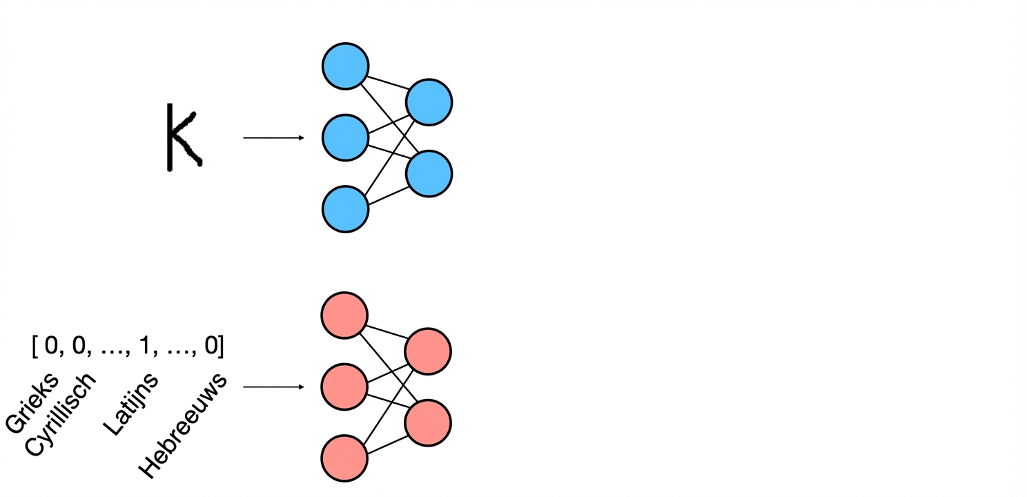 Modelschema: one-hot alfabetvector gaat naar een neuraal netwerk.