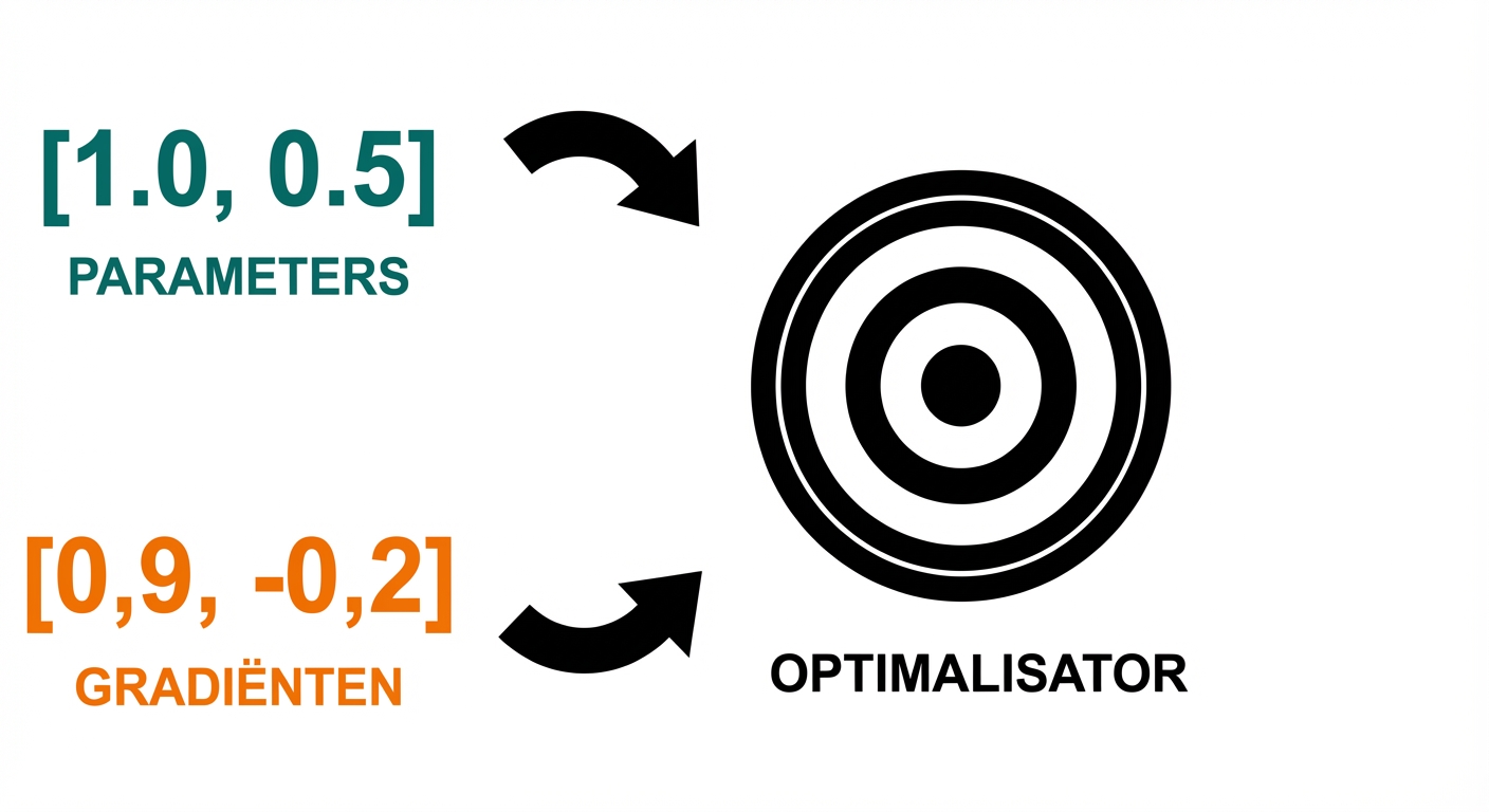 Pijlen tonen hoe de twee vectoren met parameters en gradients naar de optimizer gaan, getekend als een schietschijf.