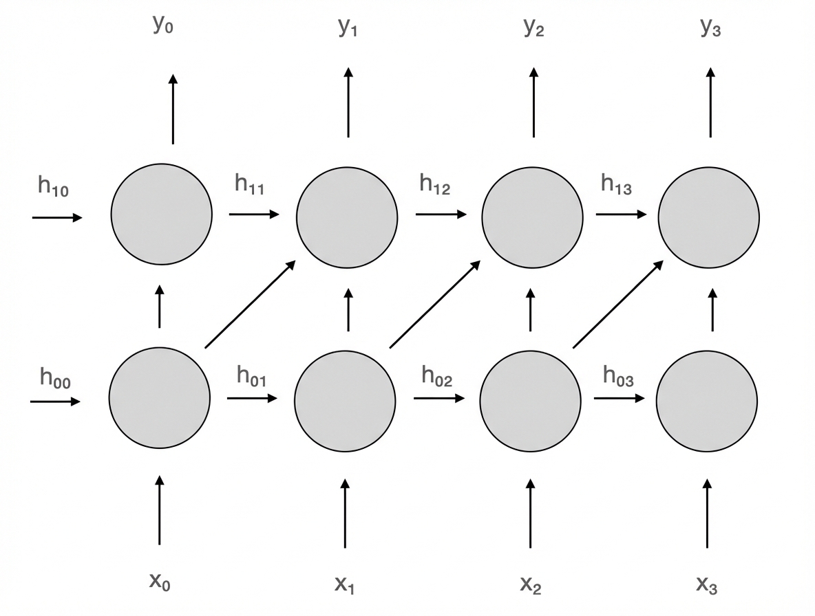 Schema van twee recurrente neuronen die een laag vormen. Bij elke tijdstap worden outputs y doorgegeven aan een ander neuron.