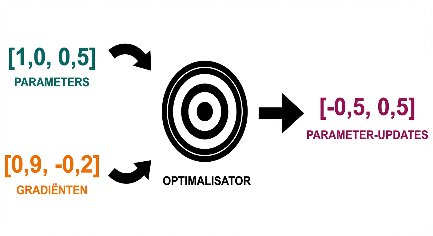 Een pijl vanuit de optimizer wijst naar een vector met twee parameterupdates: -0,5 en 0,5.