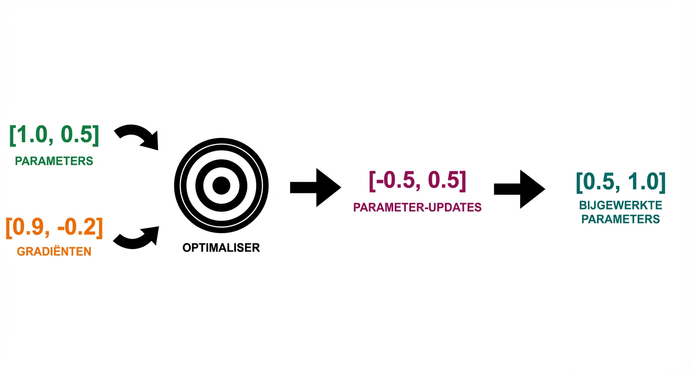 Pijlen van parameterupdates wijzen naar de bijgewerkte waarden van de parameters: 0,5 en 1,0