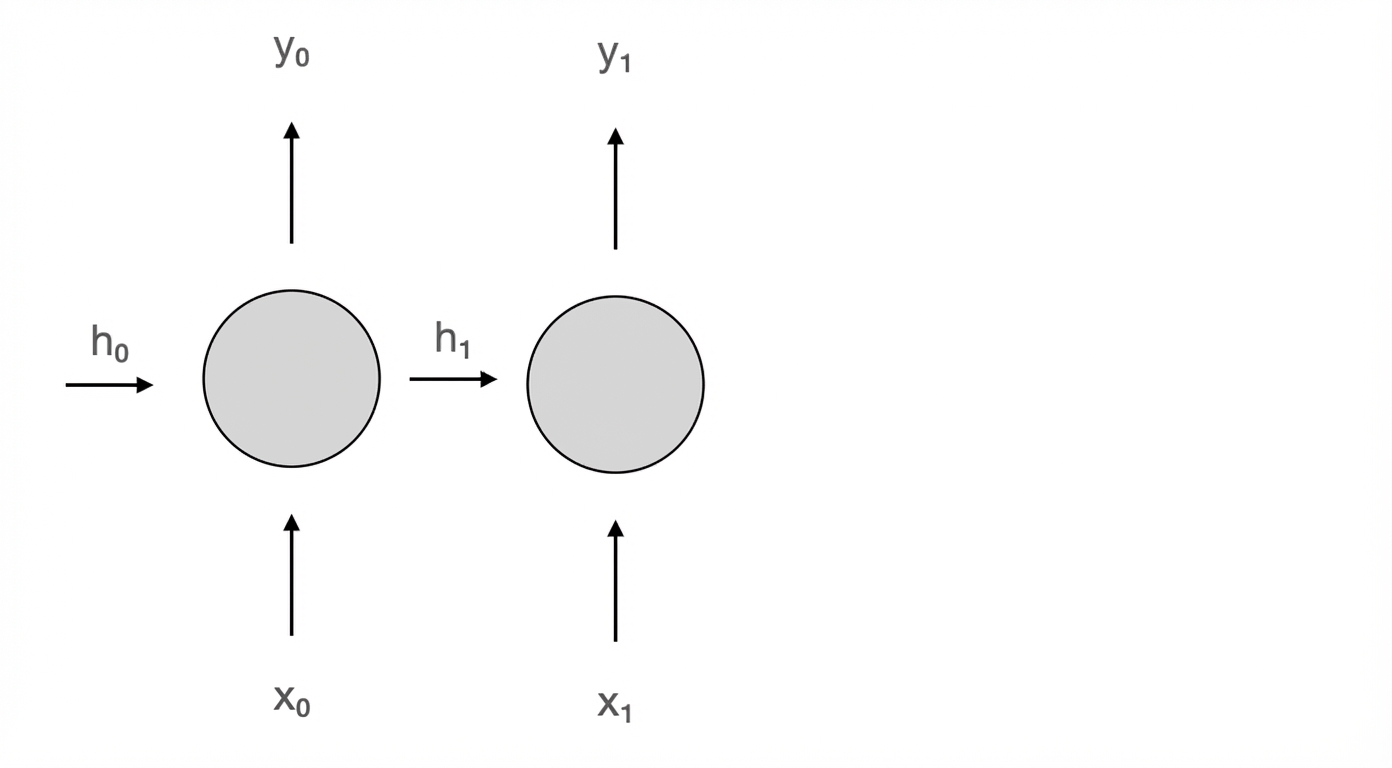 Schema van het recurrente neuron. Bij tijdstap 1 ontvangt het h1 en x1 en produceert het y1.