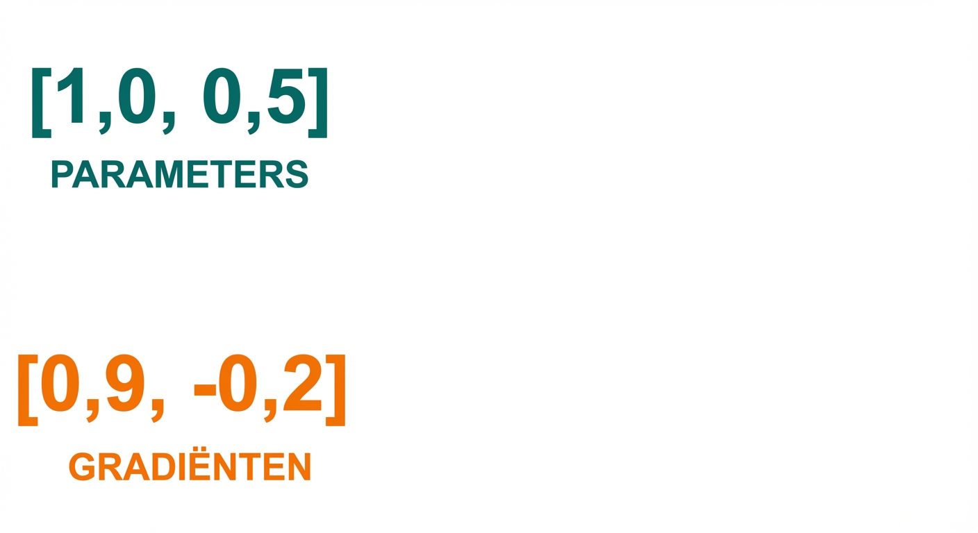 Twee vectoren van lengte twee: één met parameterwaarden (1 en 0,5), een andere met gradients (0,9 en -0,2).