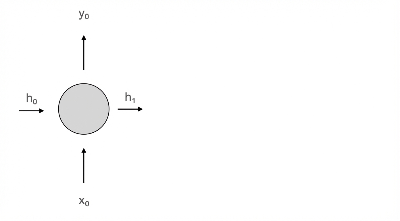 Schema van het recurrente neuron. Bij tijdstap 0 ontvangt het h0 en x0 en produceert het y0 en h1.