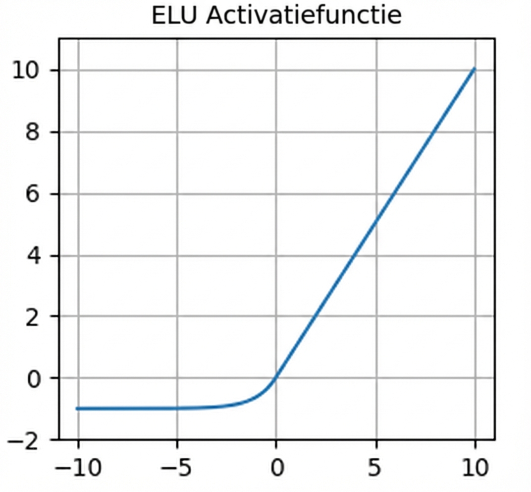 Een grafiek van de ELU-functie. Lijkt op ReLU maar met een vloeiende, kromme overgang van negatieve naar positieve waarden.
