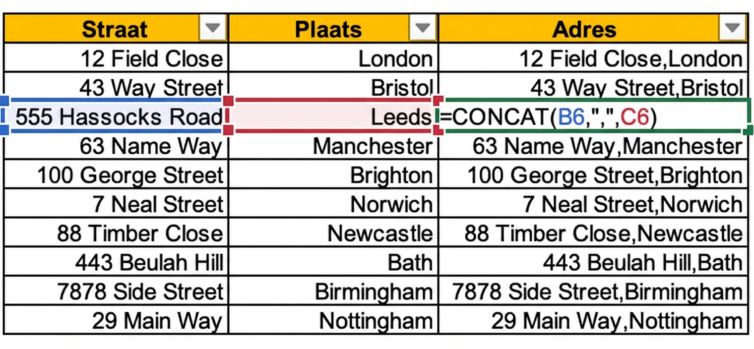 Afbeelding van een Excel-tabel met straat en stad in aparte kolommen, met een derde kolom die de info combineert met de functie CONCAT.