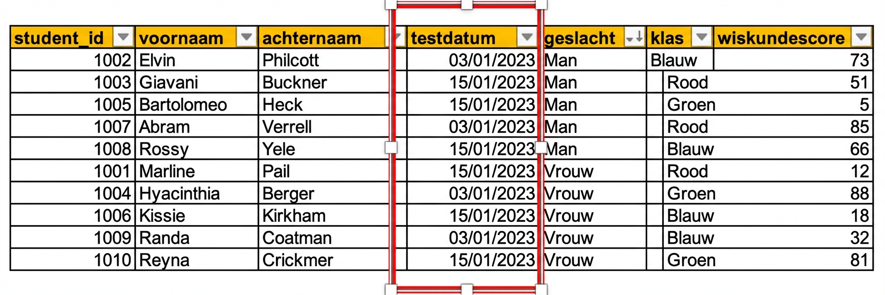 Voorbeeld van een handmatig ingevoerde tabel met toetsgegevens in Excel met de datumkolom test_date gemarkeerd