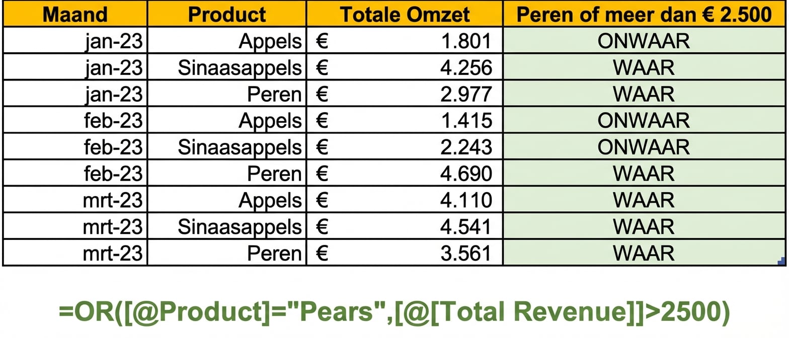 Voorbeeldgegevens in Excel met een kolom gemaakt met de OR-functie en twee variabelen als voorwaarden