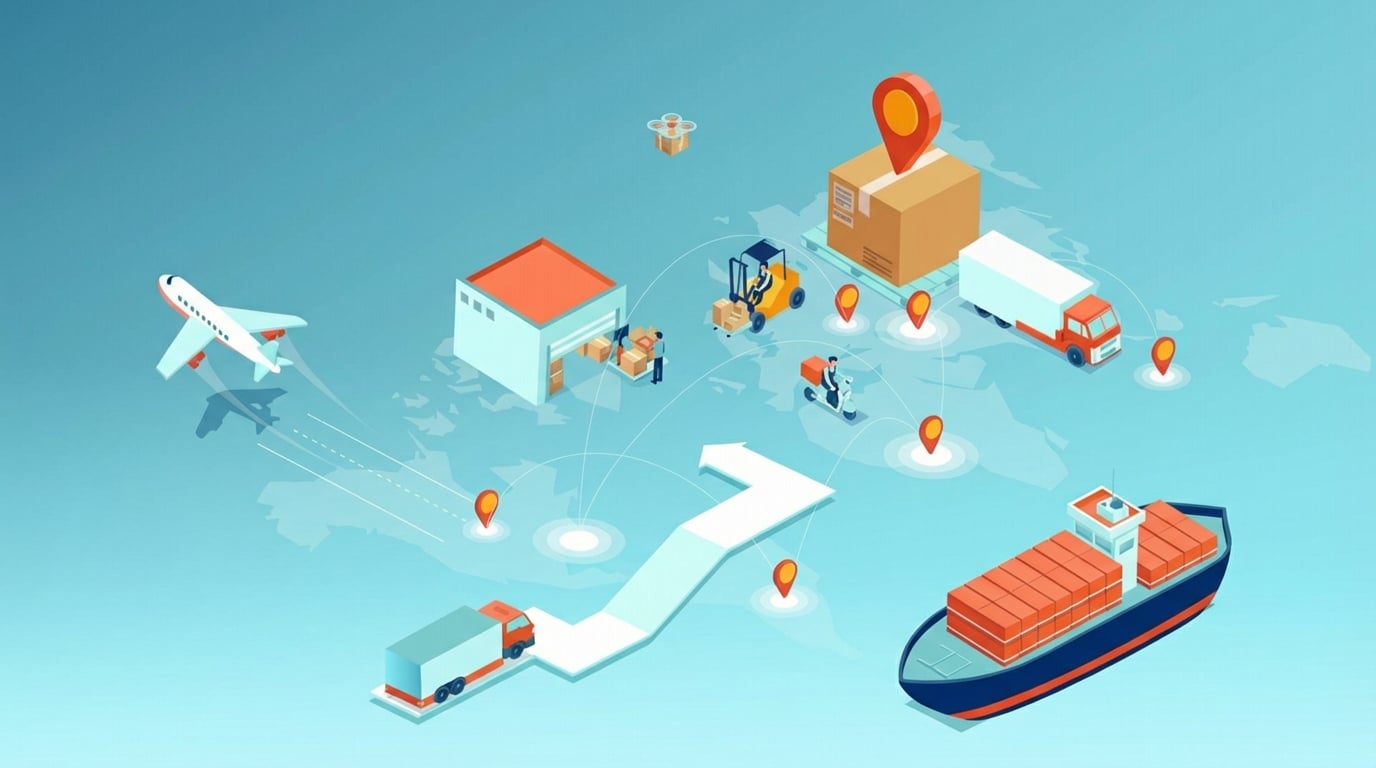 Een cartoon van verschillende methoden voor supplychain-bezorging en opslagfaciliteiten.