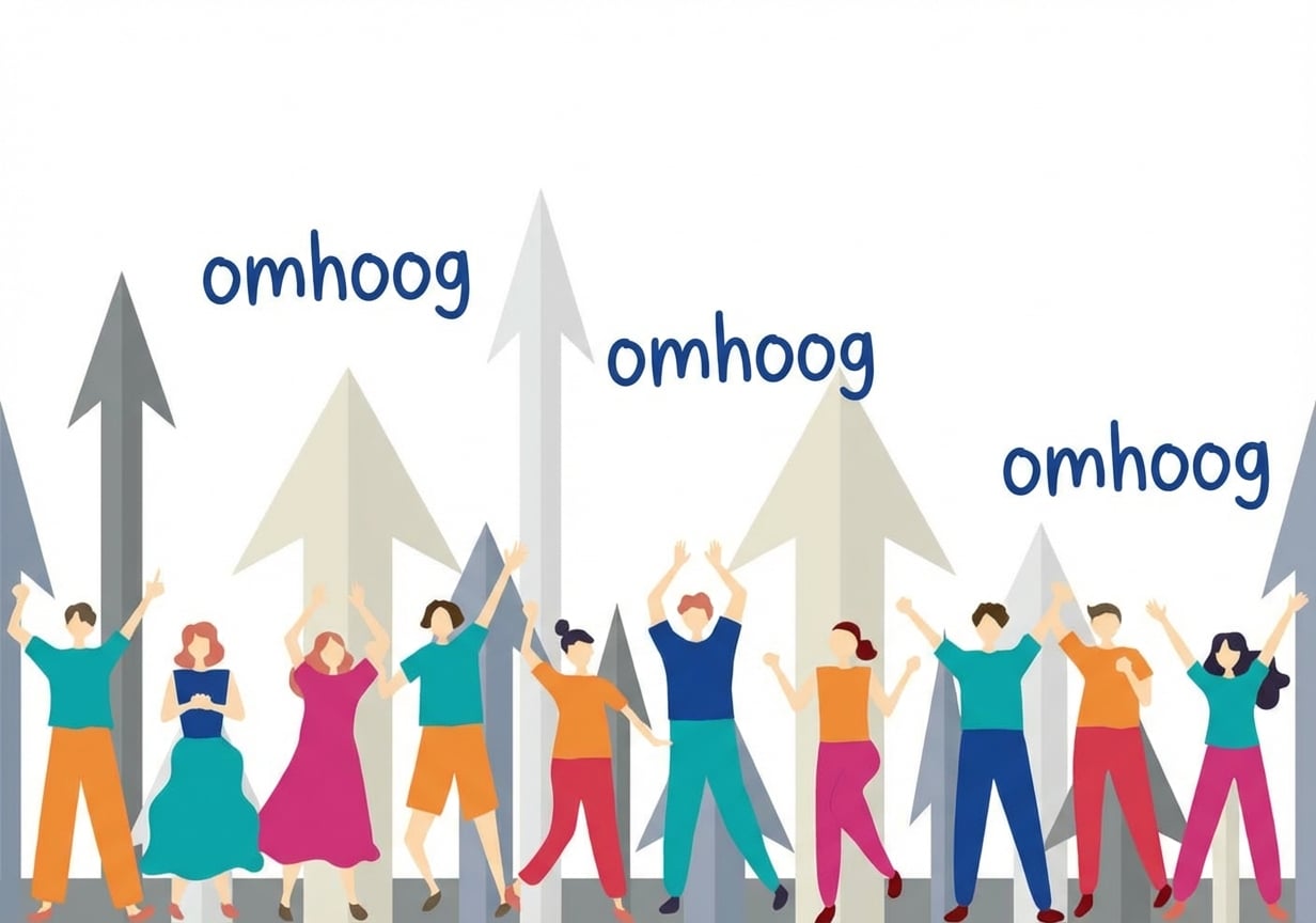 Een afbeelding van mensen die omhoog wijzen en kijken, met pijlen omhoog en het woord up erboven.