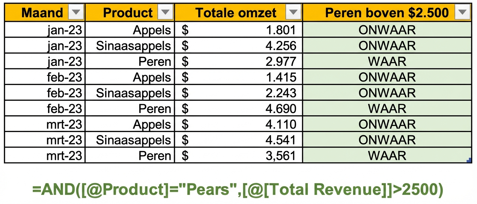 Voorbeeldgegevens in Excel met een kolom gemaakt met de AND-functie en twee variabelen als voorwaarden