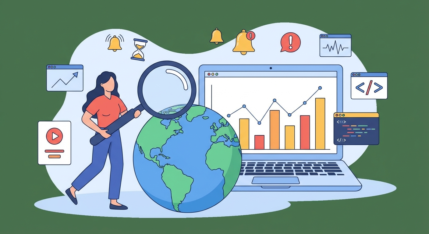 Een vrouw met een vergrootglas; op de achtergrond een scherm met een bestand.