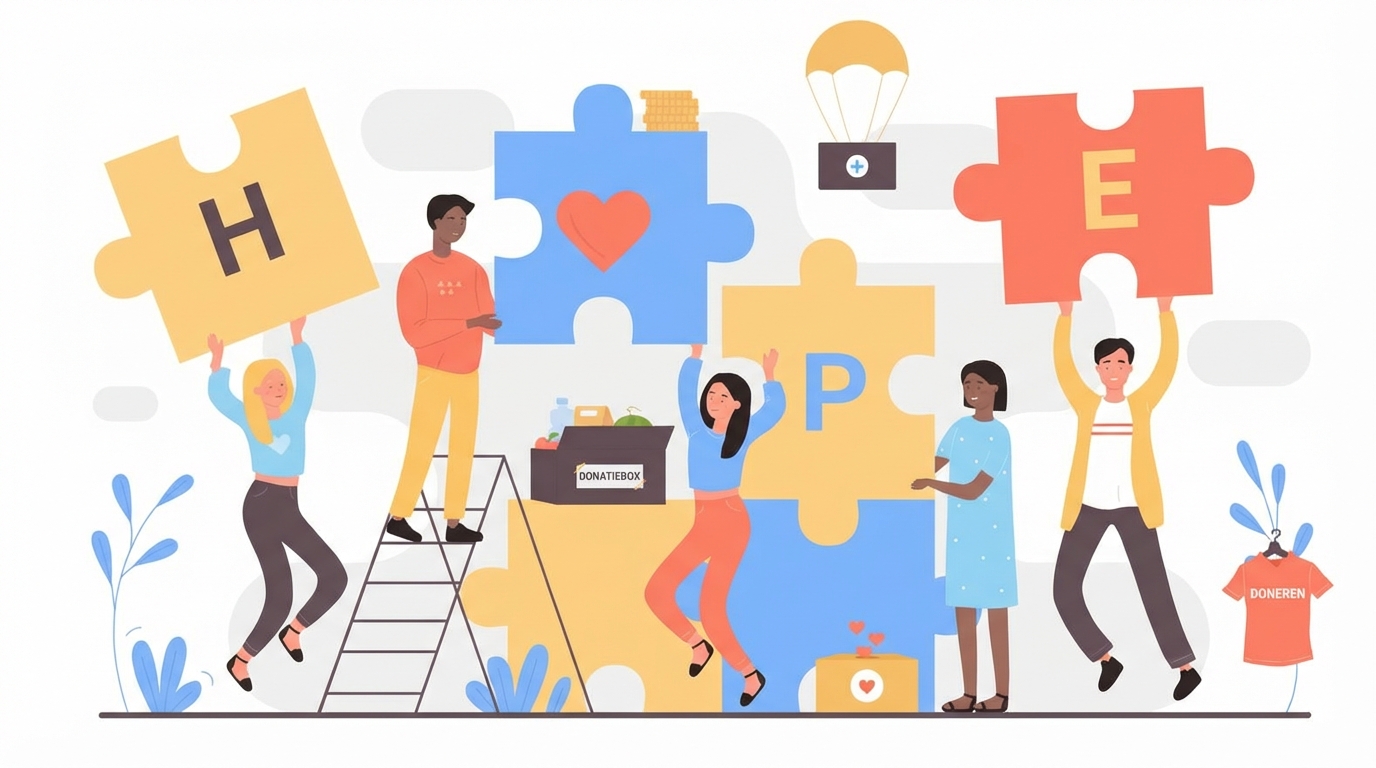 Cartoon van mensen die puzzelstukken met letters gebruiken om een woord te vormen.