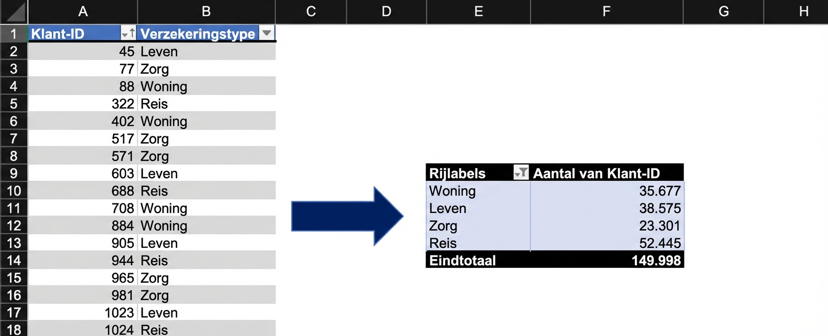 Verzekeringsdata samengevat met een draaitabel