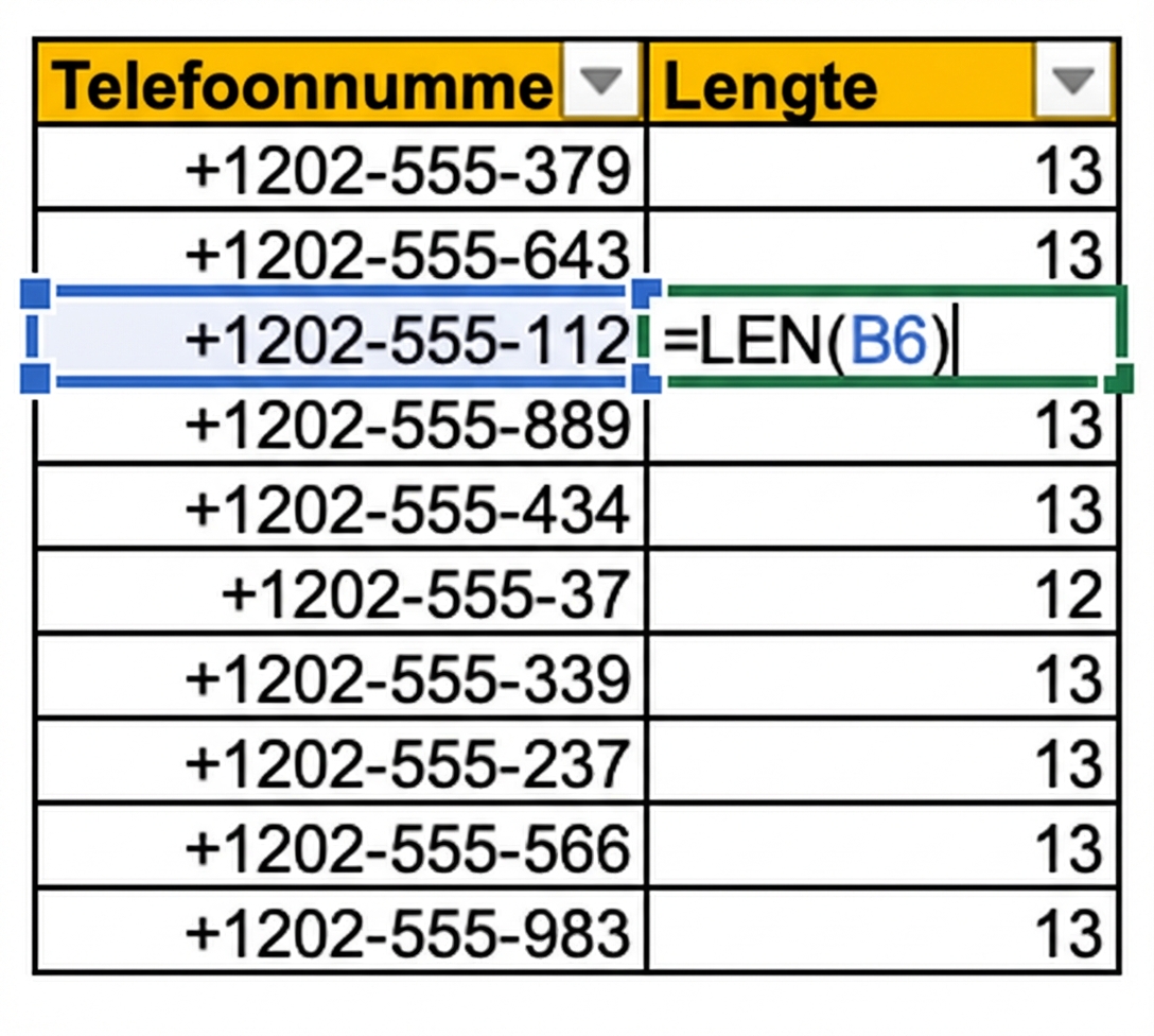 Afbeelding van een Excel-tabel met telefoonnummers in één kolom en het gebruik van de LEN-formule om de lengte te tellen en te controleren