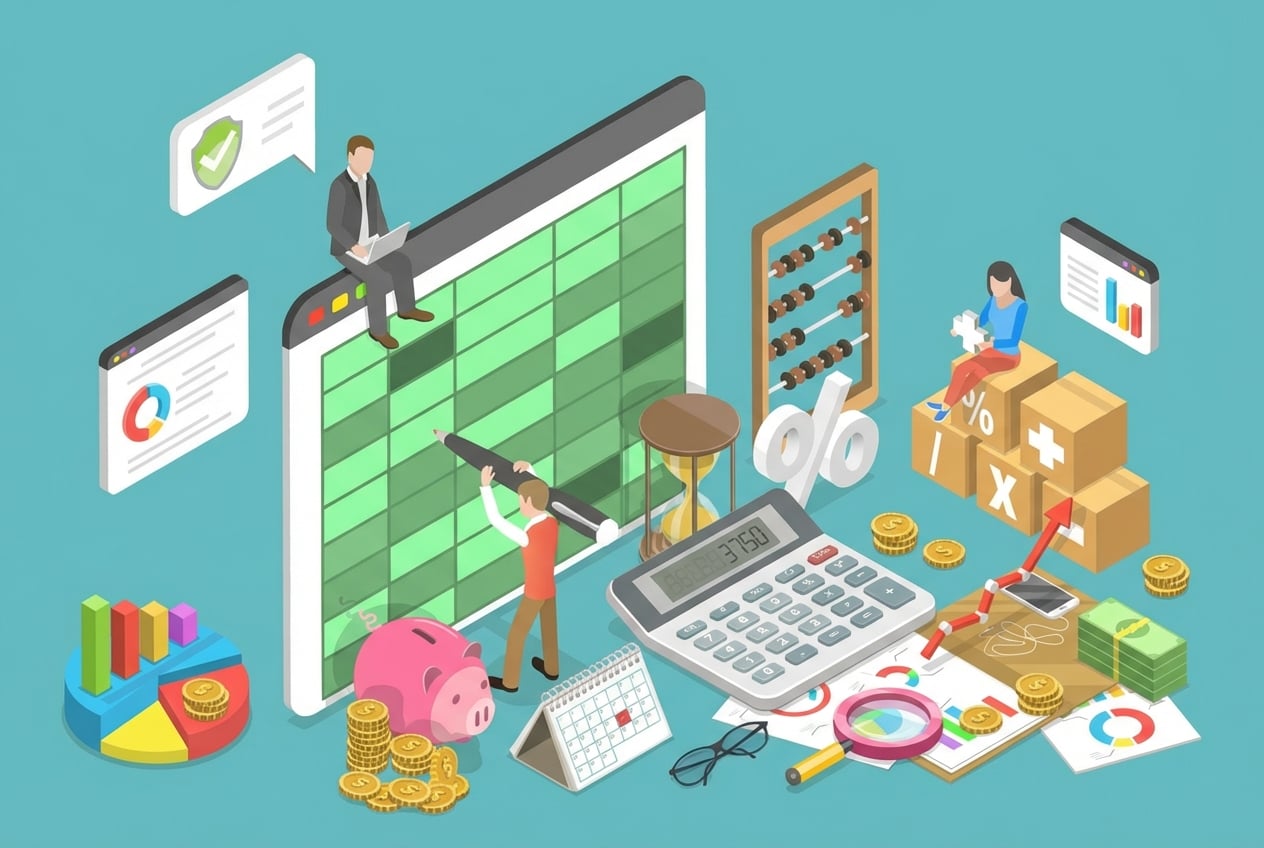 Een afbeelding met allerlei financiële objecten en een raster op een scherm.