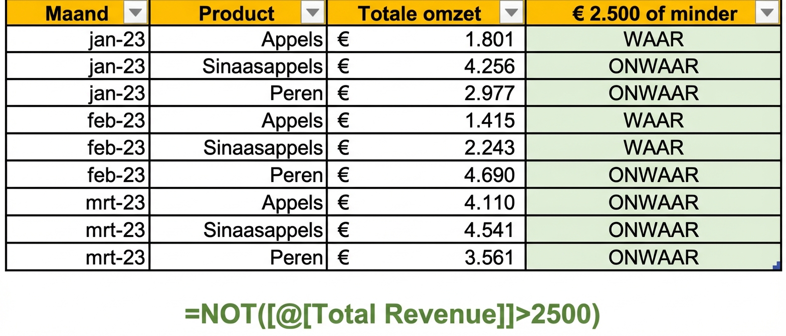 Voorbeeldgegevens in Excel met een kolom gemaakt met de NOT-functie en één variabele als voorwaarde