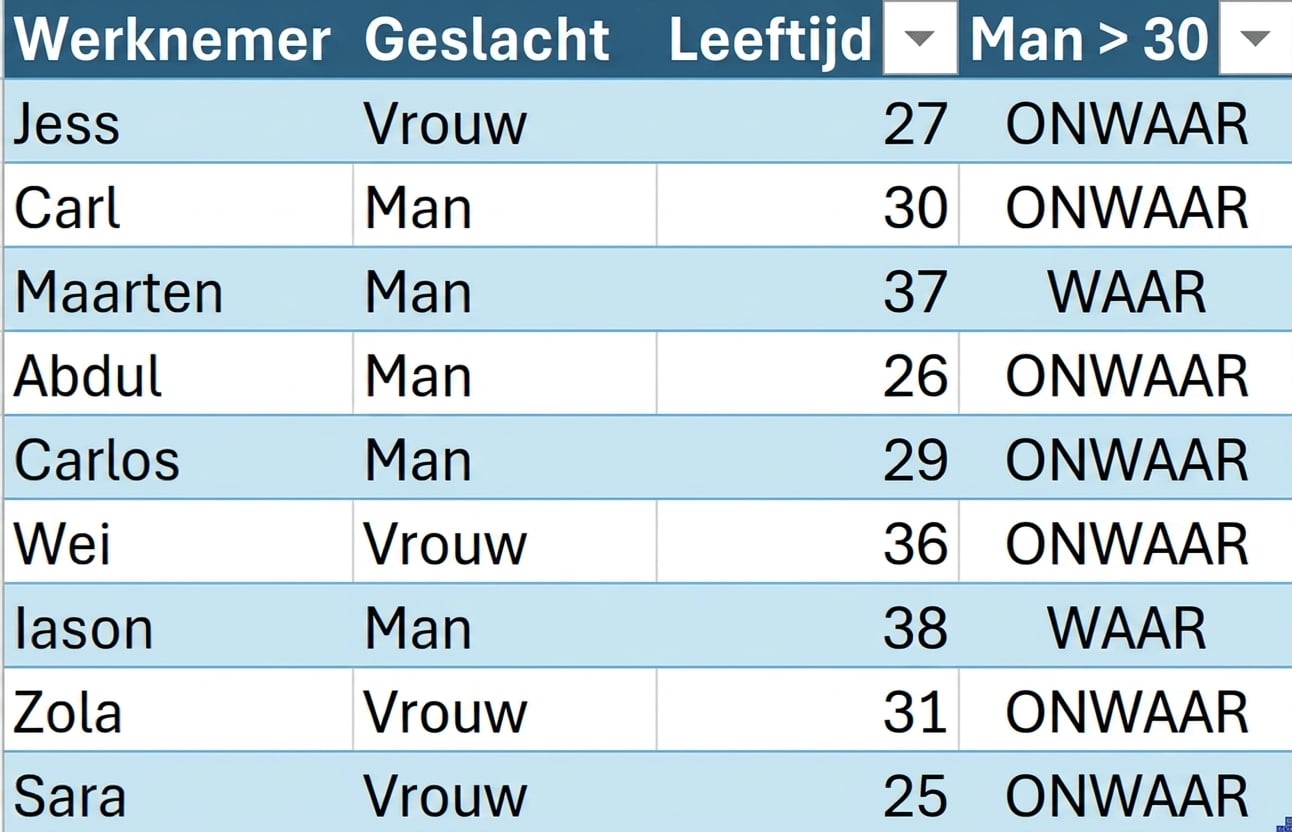 DataCo voorbeeldtabel van HR met de voornaam van de werknemer, geslacht, leeftijd en de kolom die is gemaakt met een voorwaardelijke formule.