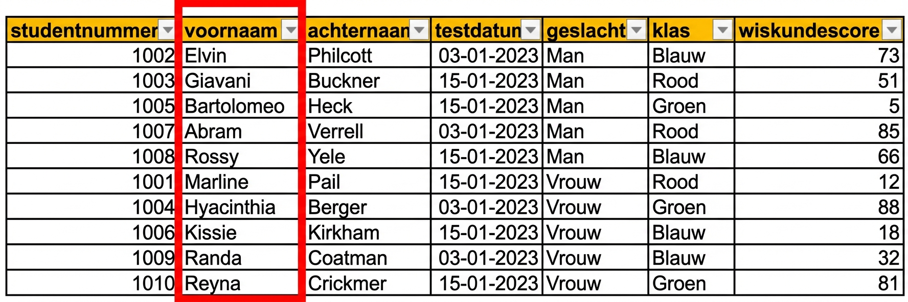 Voorbeeld van een handmatig ingevoerde tabel met toetsgegevens in Excel met de tekstkolom full_name gemarkeerd