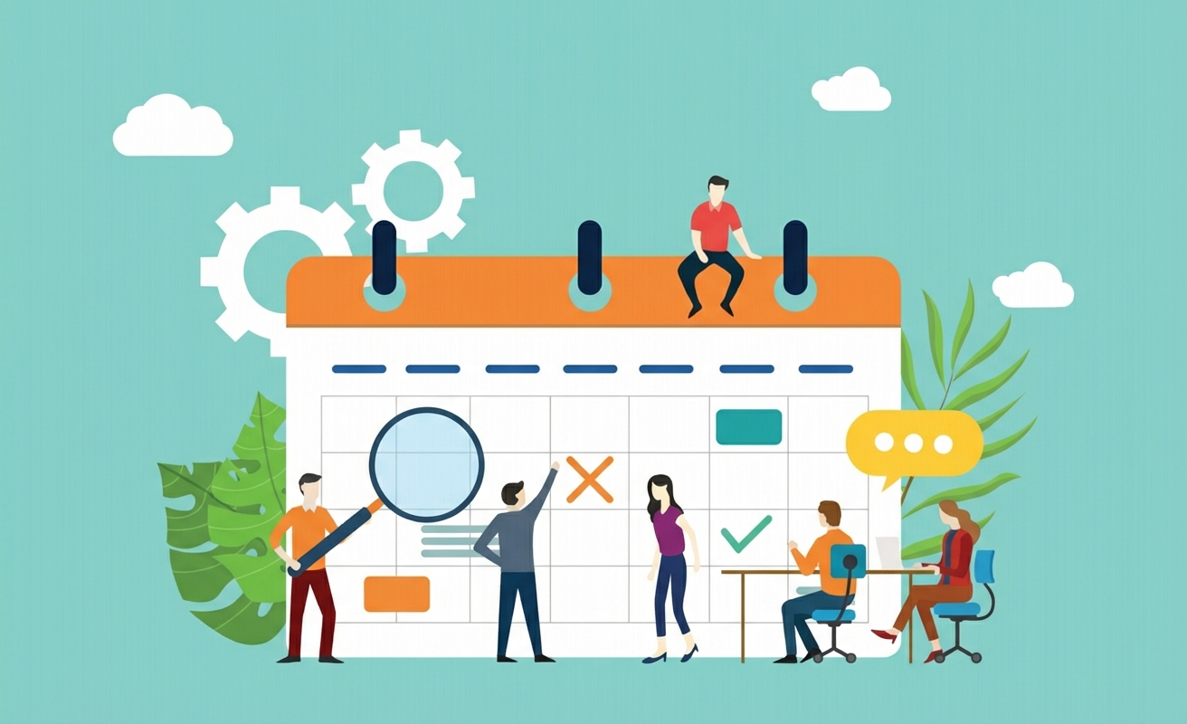 Afbeelding van een groep mensen die een kalender doorzoeken en dingen markeren.