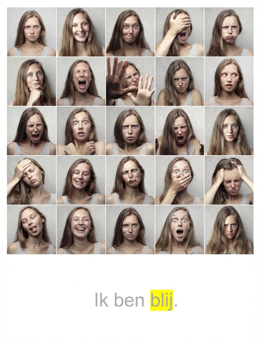 Een reeks emoties en de zin 'Ik ben blij' met het woord 'blij' gemarkeerd.