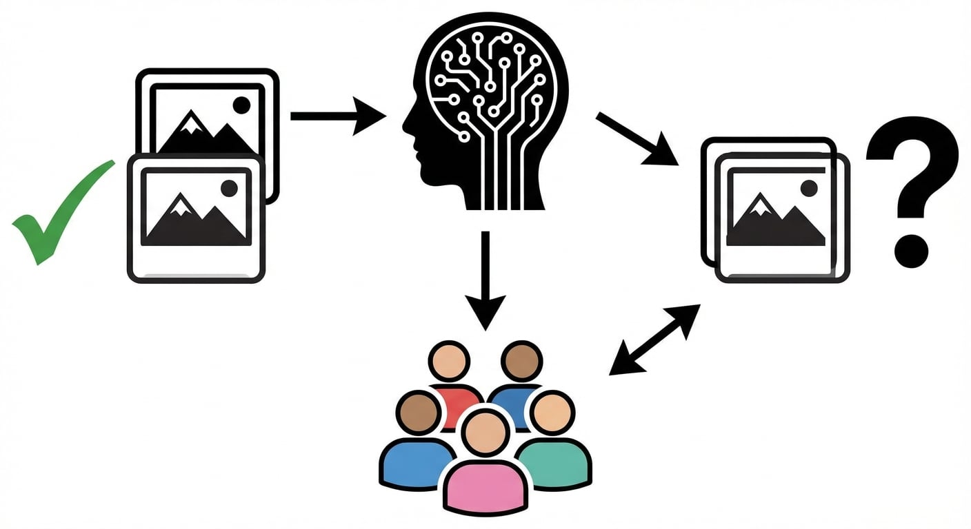 Een cirkel met AI bovenaan en mensen onderaan. Afbeelding met een vraagteken aan de rechterkant. Afbeelding met een vinkje aan de linkerkant.