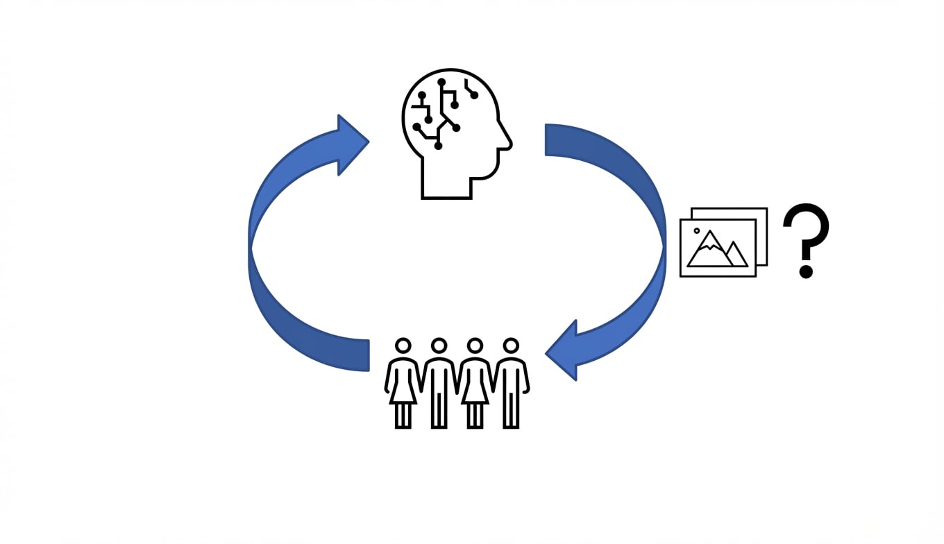Een cirkel met AI bovenaan en mensen onderaan. Afbeelding met een vraagteken ernaast.