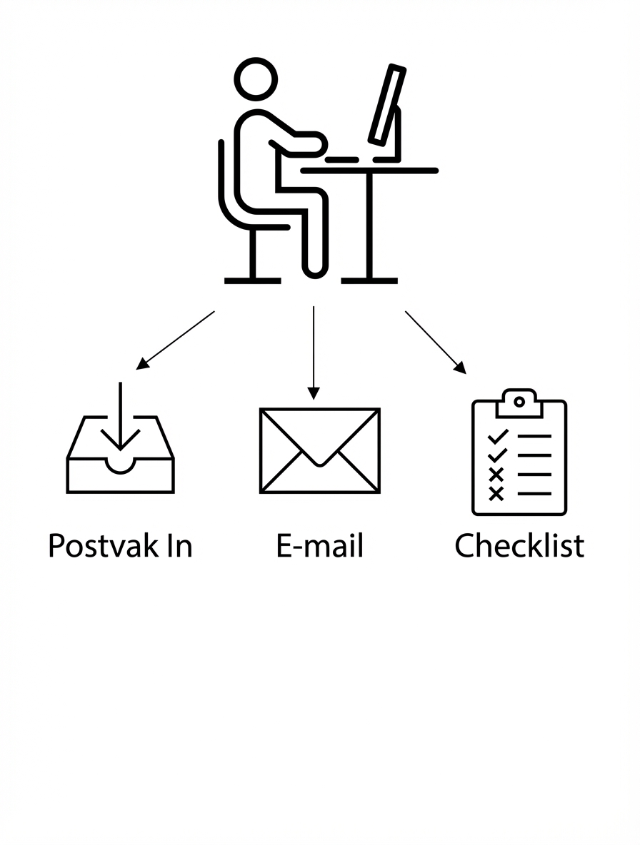 Iemand die aan een bureau zit met een lijst van opgedeelde taken.