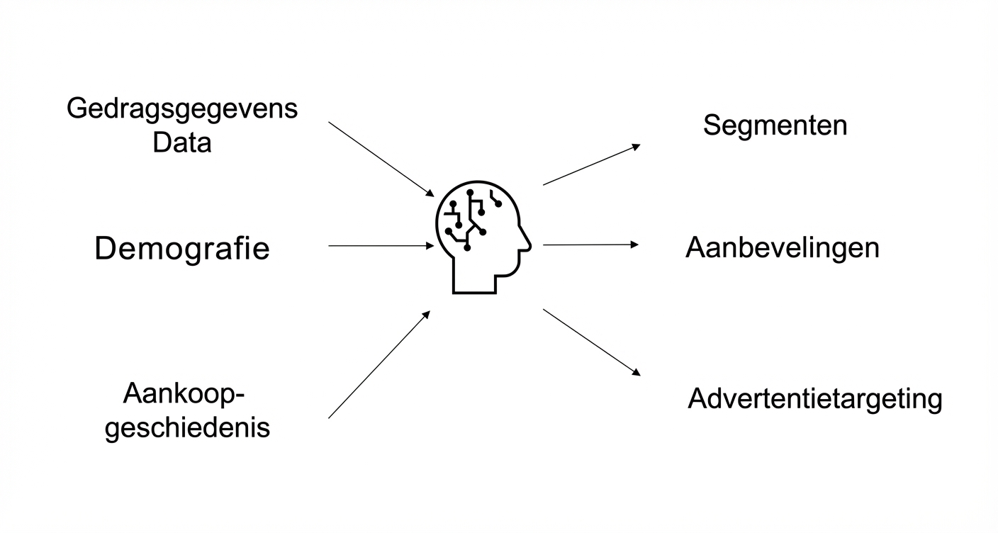 Gedragsgegevens, demografische gegevens en koopgeschiedenisgegevens die worden gebruikt in AI, wat leidt tot gerichte advertenties.