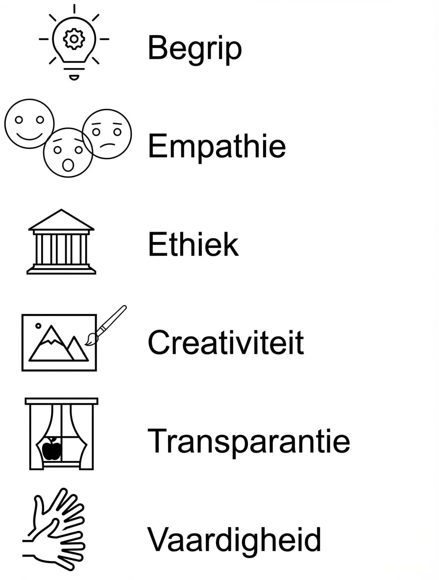 Begrip. Empathie. Ethiek. Creativiteit. Transparantie. Vaardigheid.