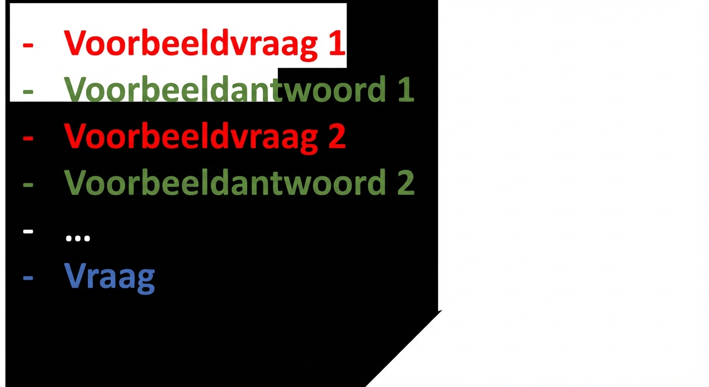 Een visuele weergave van een few-shot prompt met voorbeeldvragen en -antwoorden, en tot slot de vraag die we willen laten beantwoorden.