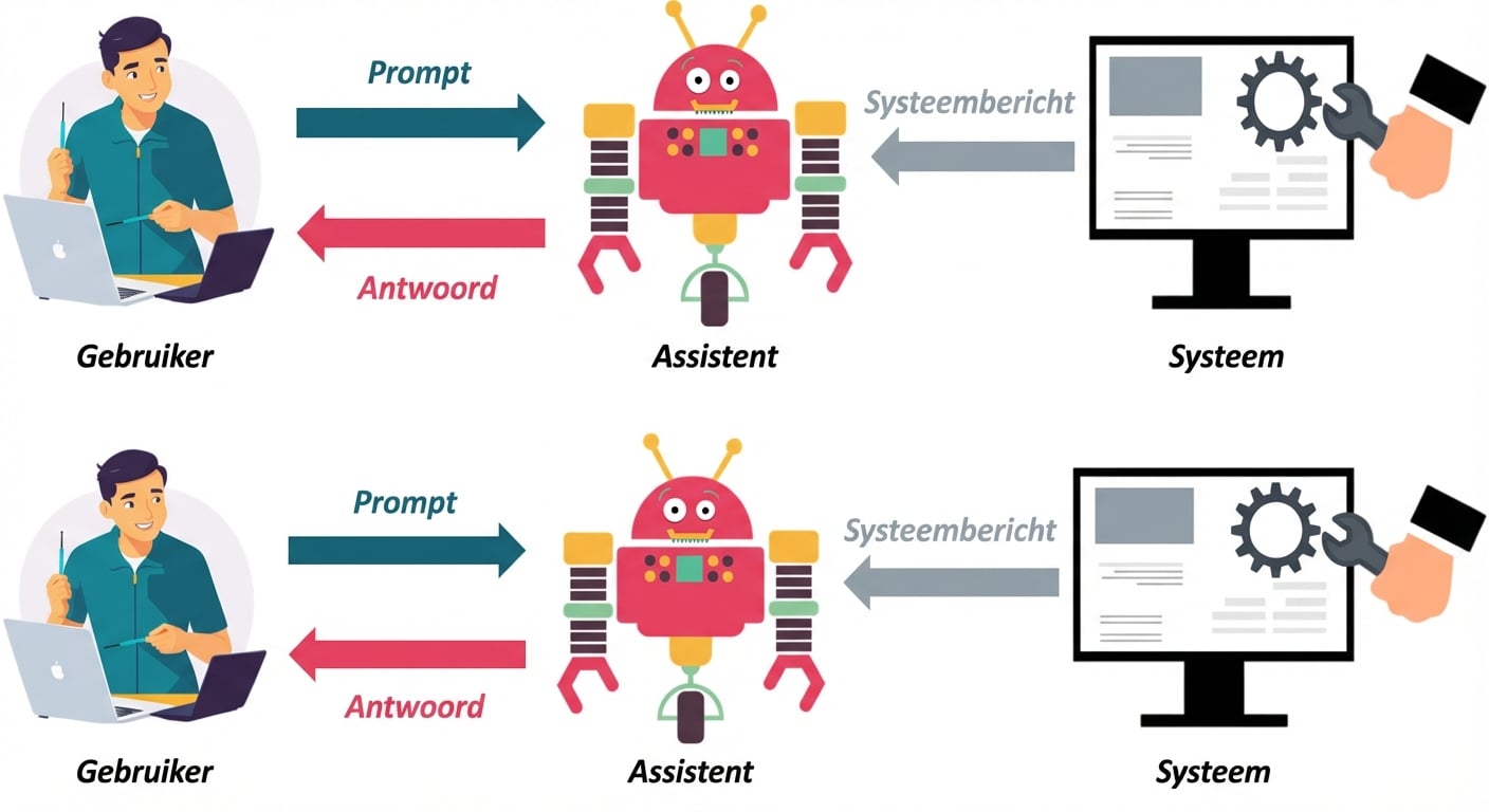 Pictogrammen voor de drie rollen, met een pijl tussen system en assistant om system-berichten te sturen, een pijl tussen user en assistant om een prompt te sturen, en een pijl tussen assistant en user om de reactie te sturen.