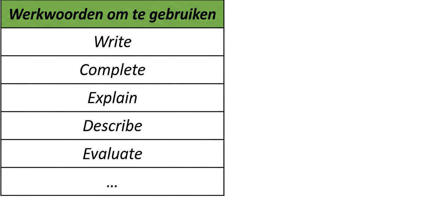 Tabel met te gebruiken werkwoorden zoals schrijven, aanvullen, uitleggen, beschrijven of evalueren.