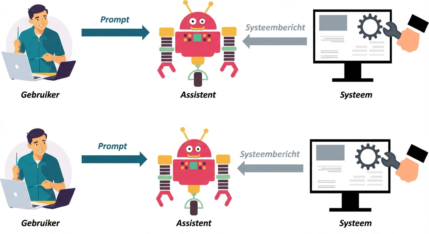 Pictogrammen voor de drie rollen, met een pijl tussen system en assistant om system-berichten te sturen, en een pijl tussen user en assistant om een prompt te sturen.