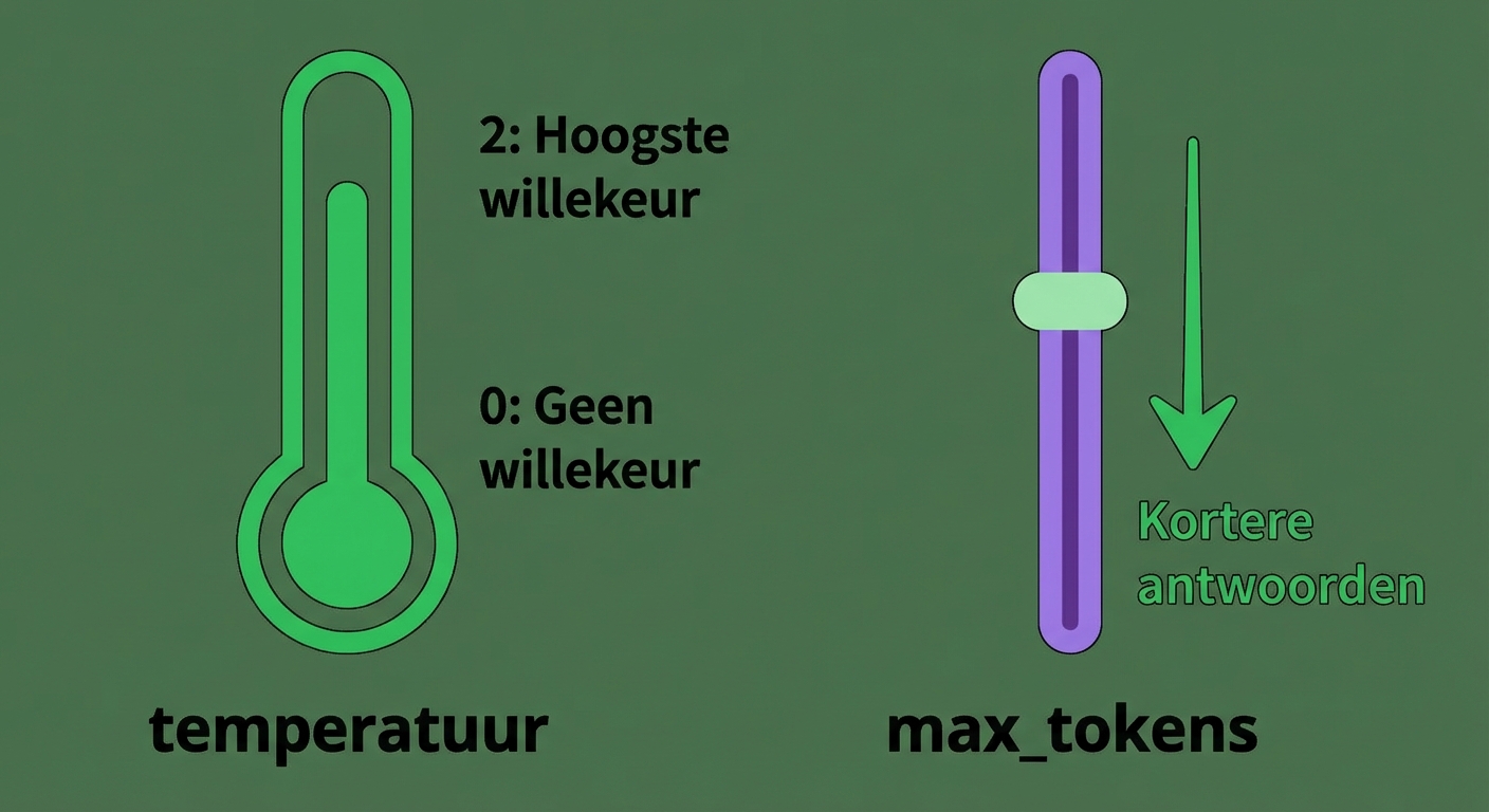 Pictogram van een thermometer met waarden 0–2 (0 geen willekeur, 2 hoogste), plus een schuifregelaar voor max_tokens: lagere waarden geven kortere antwoorden.