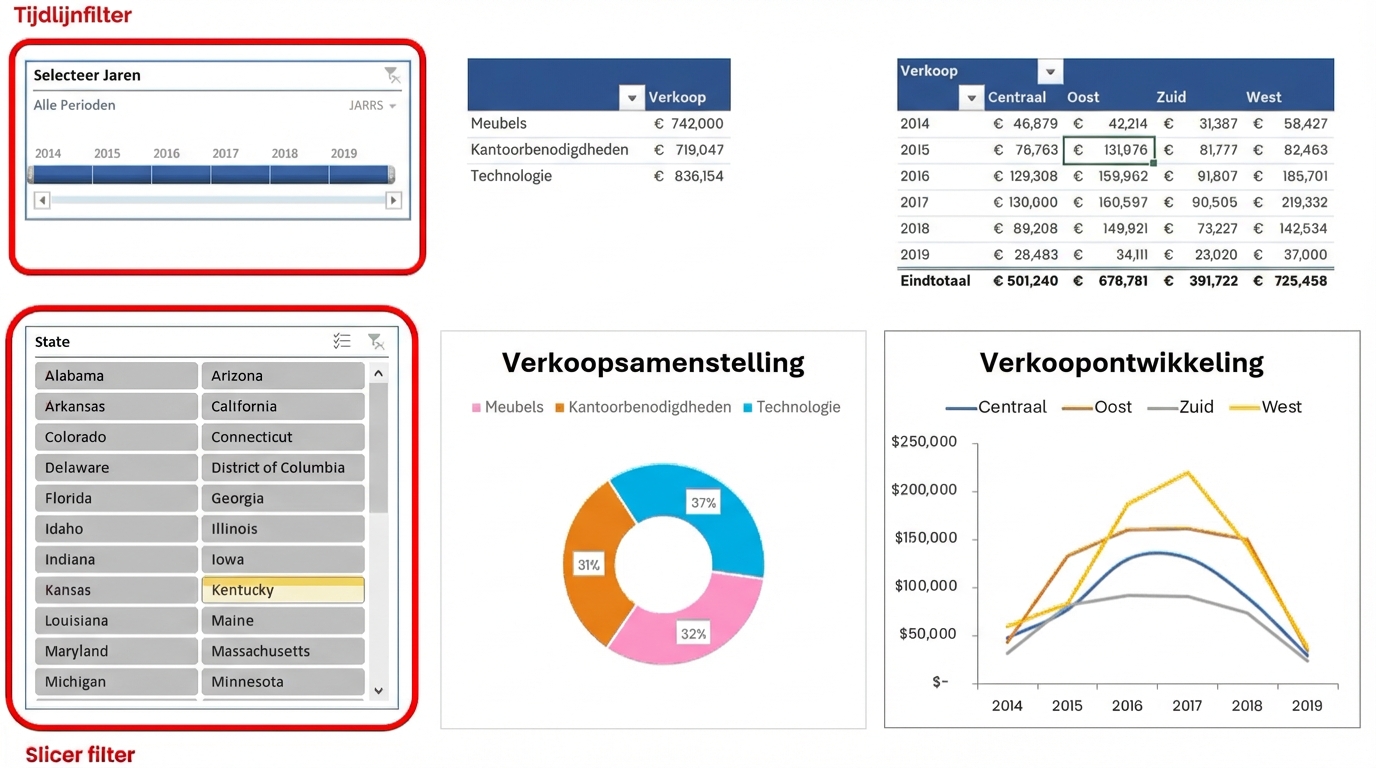 Voorbeeld van een kleine dashboard in Excel, incl. tijdlijn- en slicerfilters