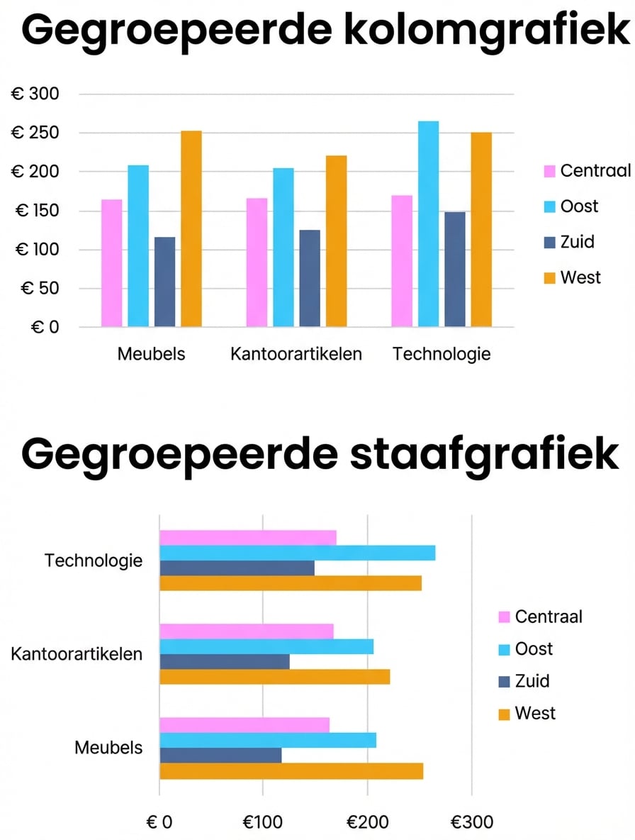 Voorbeelden van gegroepeerde staaf- en kolomgrafieken